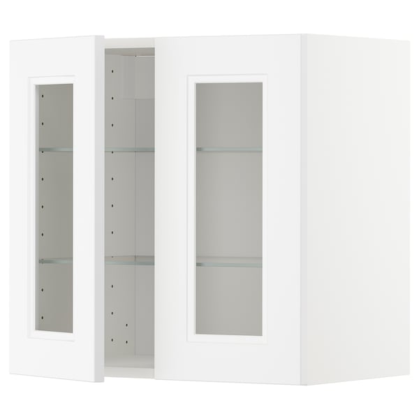 White METOD kitchen cabinet with glass door, modern and traditional style, adjustable shelves.