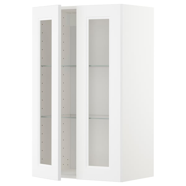 A white ikea METOD kitchen cabinet with glass doors featuring a modern design.
