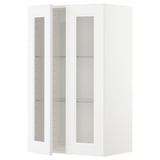 A white ikea METOD kitchen cabinet with glass doors featuring a modern design.
