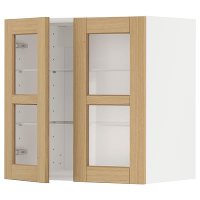 METOD wall cabinet, oak doors, glass shelves.