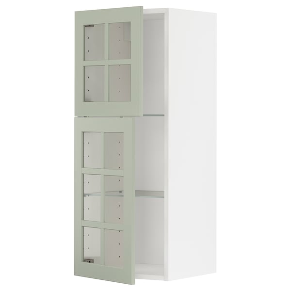 METOD kitchen cabinet with green glass doors, rectangular, wall-mounted, light green color, includes tempered glass shelves.
