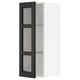 Modern black glass cabinet with wooden trim, featuring three shelves, mounted on a white wall.