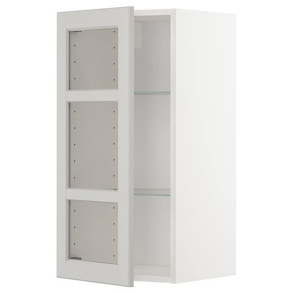 White wall cabinet with glass shelves. Modern design, adjustable shelves, sturdy frame.