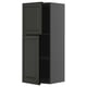 Dark gray, tall kitchen cabinet with two doors open, displaying shelves inside. Modern rectangular shape, sleek design with beveled edges.