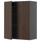 Dark brown oak cabinet with two doors, wall-mounted, metal hinges.