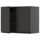 Modern dark gray minimalist cabinet with two shelves, one open door, and sleek handles.