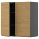 Wooden and gray kitchen cabinet with one open door, minimalist design.