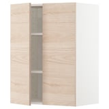 A modern light wood-colored kitchen cabinet with a shelving unit inside. It a sleek, minimalist design with adjustable shelves.