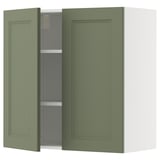 Green cabinets, modern kitchen design, wall-mounted, with adjustable shelves, and a sleek handle-less front.