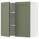 Green cabinets, modern kitchen design, wall-mounted, with adjustable shelves, and a sleek handle-less front.