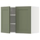 Green kitchen cabinet, two doors, wall-mounted, rectangular, modern design, filled with shelves.