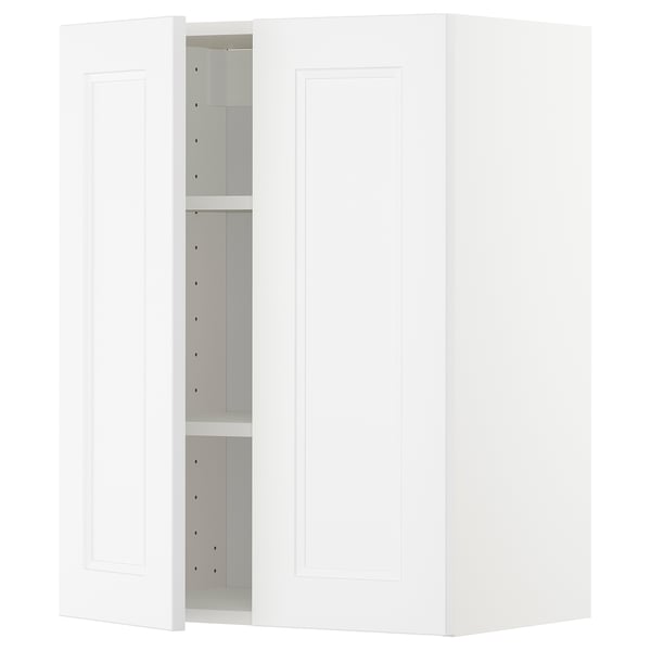 White METOD wall cabinet with shaker-style doors, adjustable shelves, and solid wood frame.