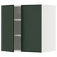 Green cabinet, open showing shelves. Modern minimalist design, metallic hinges.