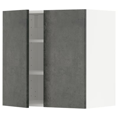 Modern grey concrete effect kitchen cabinet with white shelves.