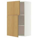 A white and light wood cabinet. It two adjustable shelves and a door with oak veneer.