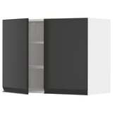 Modern black kitchen cabinet with one open door, showing adjustable shelves. Sleek, matte finish with minimalist handle.