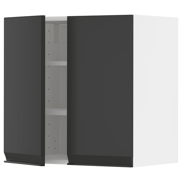 A modern black kitchen cabinet. It has a sleek design with adjustable shelves and matte black doors featuring integrated handles.