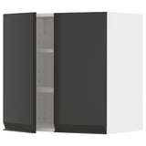 A modern black kitchen cabinet. It has a sleek design with adjustable shelves and matte black doors featuring integrated handles.
