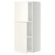 A white METOD kitchen wall cabinet with one door open, revealing an adjustable shelf inside. It has a sleek, modern design.