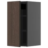Dark brown wooden cabinet with gray side, wall-mounted, single door open.