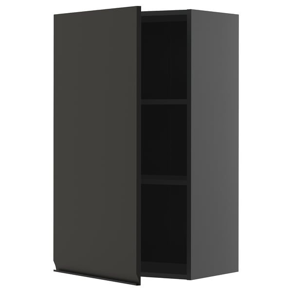 Dark gray modern kitchen cabinet with two shelves, hinged door, sleek design, wall-mounted.