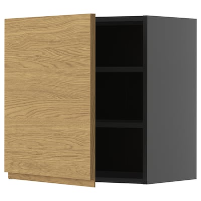 METOD wall cabinet, oak finish, dark frame, minimalist handles, open compartment