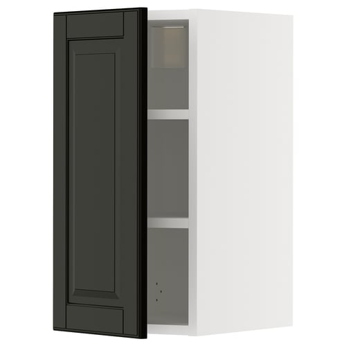 Black METOD kitchen cabinet with white interior and adjustable shelf, rectangular shape.