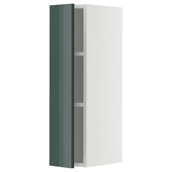 A METOD kitchen cabinet with a high-gloss grey-green door and a white body, featuring a modern, sleek design.