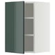 A greenish-gray METOD kitchen cabinet with a high-gloss finish, a white frame, and two adjustable shelves.