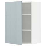 A modern METOD kitchen cabinet with a high-gloss grey-blue door, featuring adjustable shelves and snap-on hinges.