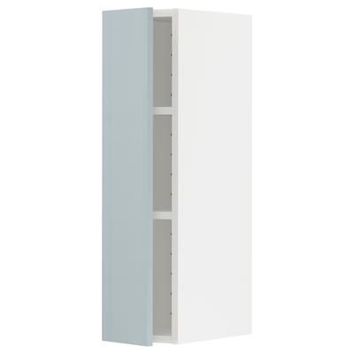 A white METOD kitchen unit in high-gloss grey-blue, vertically shaped with shelves.