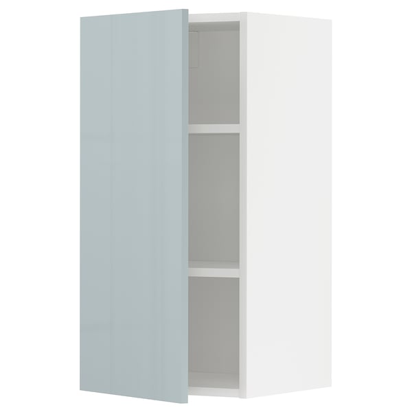 Modern grey-blue kitchen cabinet, glossy finish, rectangular shape, with one open door.