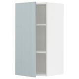 Modern grey-blue kitchen cabinet, glossy finish, rectangular shape, with one open door.
