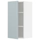 Modern grey-blue kitchen cabinet, glossy finish, rectangular shape, with one open door.