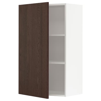 Dark brown wooden cabinet with minimalist design, featuring a single adjustable shelf and open front.