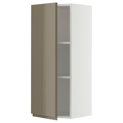 Modern tall white cabinet with dark glossy door, integrated handles, adjustable shelf.