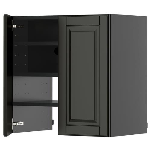 Dark gray kitchen cabinet with one door open, revealing adjustable shelves. Modern design with beveled edges.