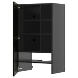 Black wall-mounted cabinet with adjustable shelves, sleek handle-less design.