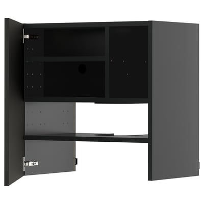 The METOD kitchen cabinet in black has two open doors, exposing adjustable shelves inside. Its modern and functional.