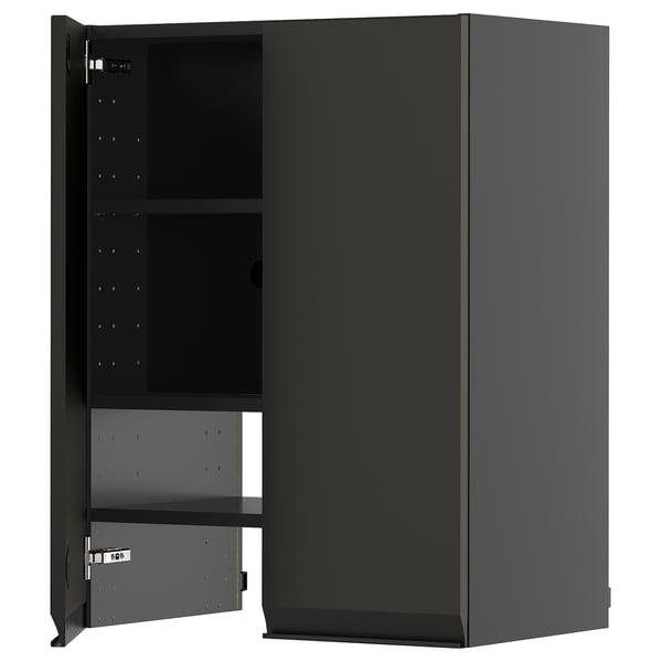 Black METOD kitchen cabinet with adjustable shelf and open door.