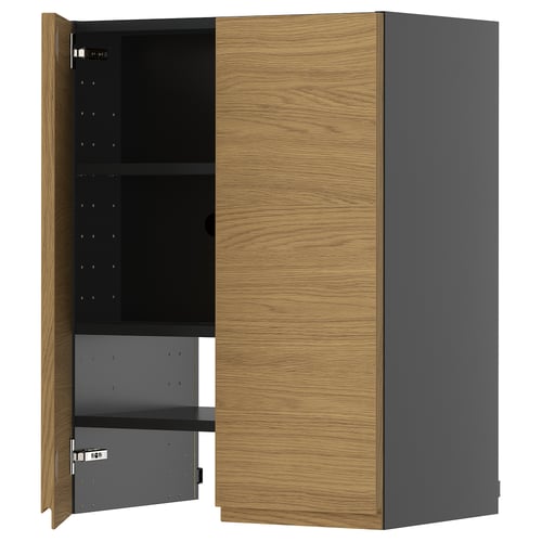 A modern kitchen cabinet, named METOD, with oak-effect doors and grey sides, featuring a minimalist design with integrated handles.
