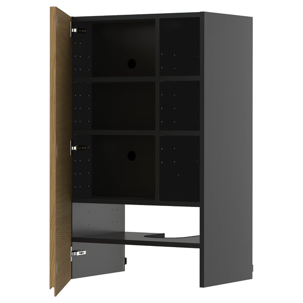 Modern grey METOD cabinet with oak door open, displaying interior shelves.