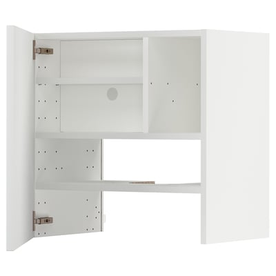 Open white cabinet with multiple shelves; modern, minimalist design.