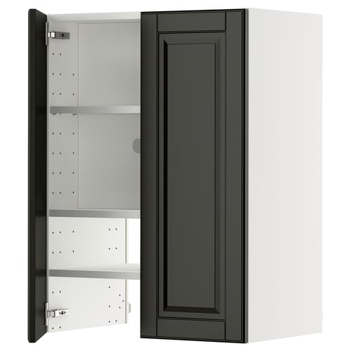A black METOD kitchen cabinet with a beveled edge, open to display its adjustable shelves.