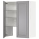 Gray kitchen cabinet with door open, revealing adjustable shelves. Made of fiberboard with a painted finish. Traditional style with beveled edges.