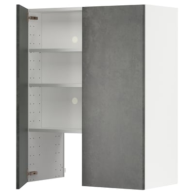 A gray METOD kitchen cabinet with a white interior and adjustable shelves.