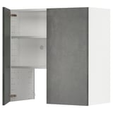 A modern grey cabinet with an open door revealing shelves inside.