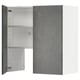 A modern grey cabinet with an open door revealing shelves inside.