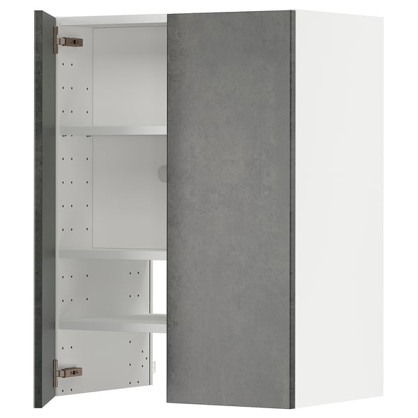 Modern dark grey cabinet with smooth finish, open door revealing adjustable shelves.