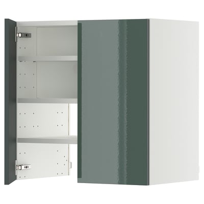 Modern kitchen cabinet, METOD, grey-green, glossy finish, square shape, two doors open revealing shelves.